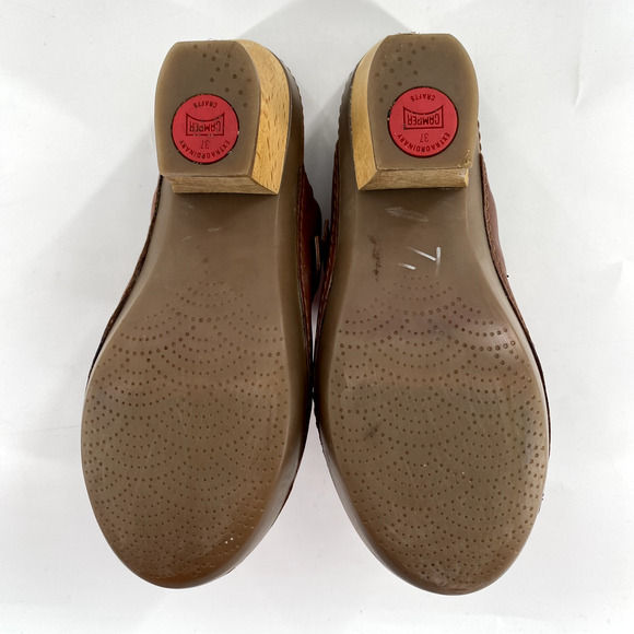 Camper Mules Clogs Slip On Womens Size EU 37/US 6 Brown Leather Wooden Heel - Picture 6 of 11